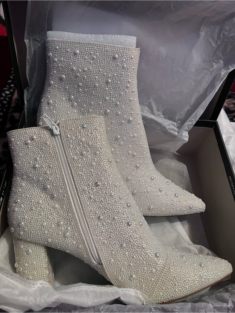 Betsey Johnson Caddy Ivory Pearl-Embellished Ankle Booties